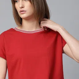 Roadster Women Red Boxy Fit Solid Round Neck Crop T-shirt-image-77