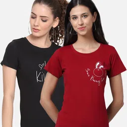 UnaOne Women Pack of 2 Black & Maroon Printed T-shirt-image-88