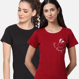 UnaOne Plus Size Women Pack of 2 Black & Maroon Typography Printed T-shirt-image-34