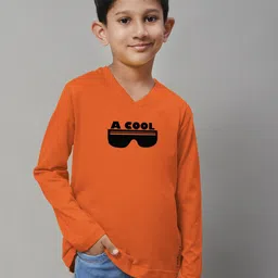 Friskers Boys Orange Typography Printed V-Neck Applique T-shirt-image-34