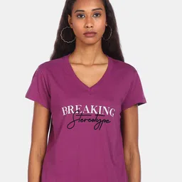 Flying Machine Women Purple Typography Printed V-Neck T-shirt-picture-5
