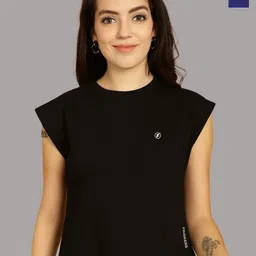 Friskers Women Black 2 Extended Sleeves Applique T-shirt-image-63