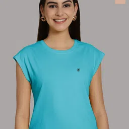 Friskers Women Turquoise Blue 2 Extended Sleeves Applique T-shirt-image-83
