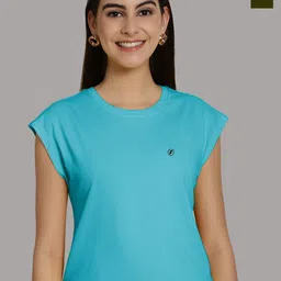 Friskers Women Turquoise Blue 2 Extended Sleeves Applique T-shirt-picture-24