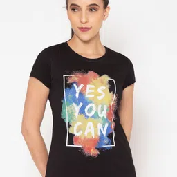 BODYACTIVE Women Black Typography Printed Slim Fit T-shirt-image-60