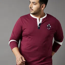bigbanana Plus Size Men Maroon Henley Collar Bio Finish T-shirt-image-42