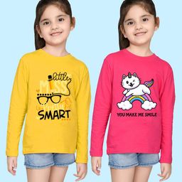 NUSYL Girls Yellow & Pink Pack of 2 Graphic Printed T-shirts-picture-22