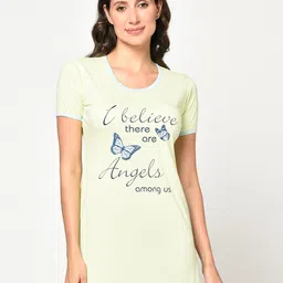 CUSHYBEE Women Green & Blue Typography Printed Cotton Longline Lounge T-shirt-image-40