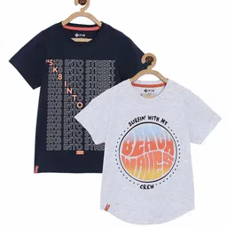 3PIN Boys Navy Blue & White Pack Of 2 Printed Cotton Regular Fit T-shirt-1