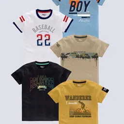 BAESD Boys Pack of 5 Typography Printed Round Neck Pure Cotton T-shirts-image-53
