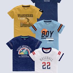 BAESD Boys Pack of 5 Typography Printed Round Neck Pure Cotton T-shirts-image-90