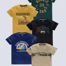 BAESD Boys Pack of 5 Typography Printed Round Neck Pure Cotton T-shirts-image-55