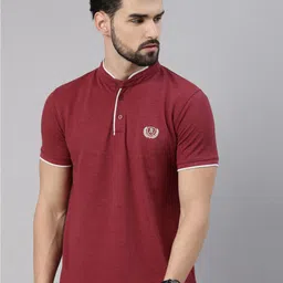Bushirt Men Maroon Mandarin Collar Cotton T-shirt-image-20