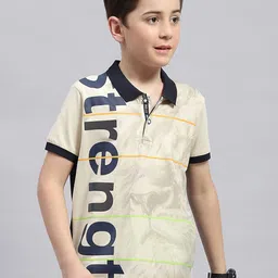Monte Carlo Boys Typography Printed Striped Polo Collar Cotton T-shirt-image-90