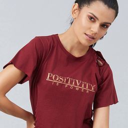 CHIMPAAANZEE Women Maroon Typography Print 100% Cotton Crop T-shirt-image-20