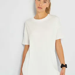 KIABI Round Neck Drop-Shoulder Sleeves Longline Cotton T-shirt-2
