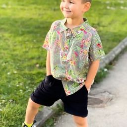 Cherry Crumble Boys Green & Yellow Floral Print Cotton Casual Shirt-image-72