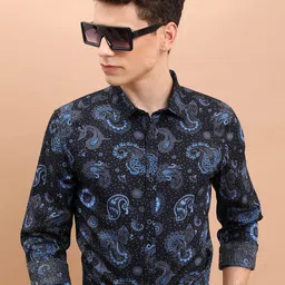 KETCH Navy Blue Slim Fit Ethnic Motifs Printed Cotton Casual Shirt-image-58
