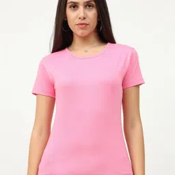 Fleximaa Women Pink Solid Round Neck Short Sleeves T-Shirt-image-33