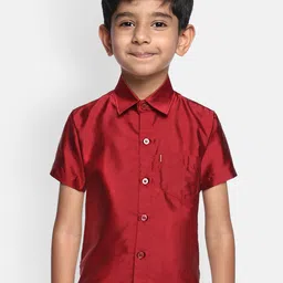 THANGAMAGAN Boys Red Regular Fit Solid Ethnic Silk Shirt-image-25
