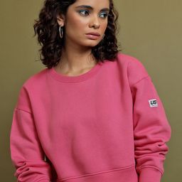Tokyo Talkies Pink Relaxed Fit Drop Shoulder Sleeves Crop Pullover Sweatshirt-image-25