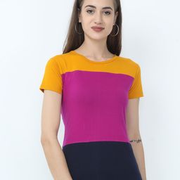 Fleximaa Women Pink & Navy Blue Colourblocked T-shirt-image-63