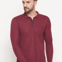 Adobe Men Burgundy Polo Collar Long Sleeves Cotton T Shirt-image-13