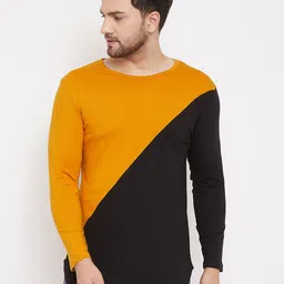 Hypernation Men Yellow & Black Colourblocked Cotton T-shirt-image-65