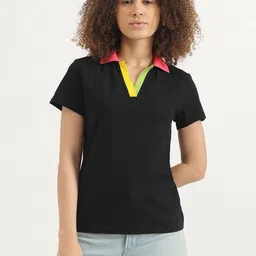 United Colors of Benetton Women Solid Polo Collar Cotton T-shirt-11