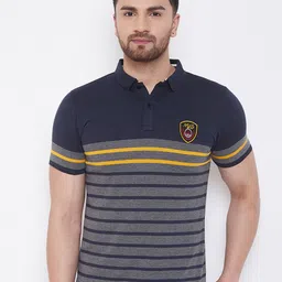 Austin wood Men Grey & Navy Blue Striped Polo Collar T-shirt-image-81