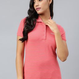 Woods Women Orange Striped Polo Collar T-shirt-image-27