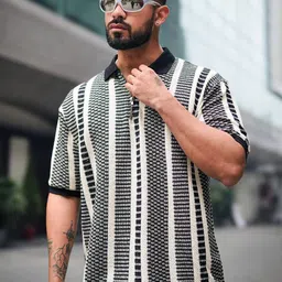 Maniac Men Striped Polo Collar T-shirt-image-81
