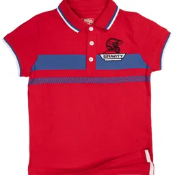 UNDER FOURTEEN ONLY Boys Red & Blue Pure Cotton Striped Polo Collar T-shirt-image-63