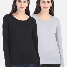 Fleximaa Women Black & Grey Melange Set Of 2 Cotton T-shirt-17