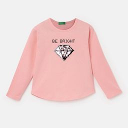 United Colors of Benetton Girls Typography Printed Sequined Pure Cotton T-shirt-image-9