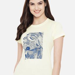 Fabflee Women Yellow Printed Round Neck Cotton T-shirt-image-86