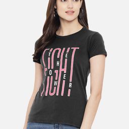 Fabflee Women Grey Typography Printed Round Neck Cotton T-shirt-image-66