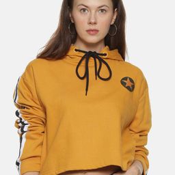 Campus Sutra Women Yellow Hooded Crop Sweatshirt-image-71