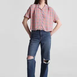 ONLY Tartan Checked Spread Collar Casual Shirt-10
