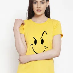 Friskers Women Yellow & naples yellow Typography Printed T-shirt-image-5