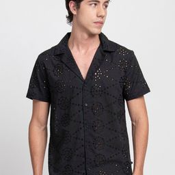 KISSOSS Classic Slim Fit Self Design Schiffli Semi Sheer Cotton Casual Crochet Shirt-image-66