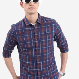HIGHLANDER Navy Blue Tartan Checks Slim Fit Casual Shirt-image-86