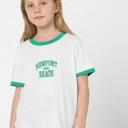 KIDS ONLY Girls White & Green Typography Printed Cotton T-shirt-52