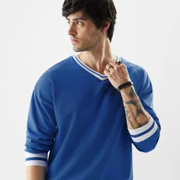 The Souled Store Blue V-Neck Long Sleeves Pullover Sweatshirt-image-7