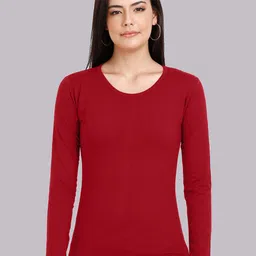 Fleximaa Women Maroon Raw Edge T-shirt-image-9