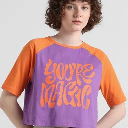 ONLY Typography Printed Raglan Sleeves Crop Pure Cotton T-shirt-image-34