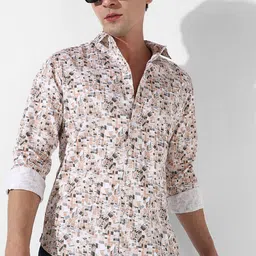Campus Sutra Beige Classic Geometric Printed Cotton Casual Shirt-image-16