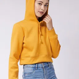 DressBerry Mustard Yellow Hooded Fleece Crop Sweatshirt-27