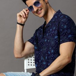 HERE&NOW Men Navy Blue Slim Fit Printed Casual Shirt-image-99
