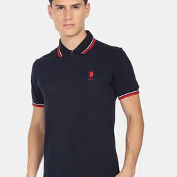 U.S. Polo Assn. Men Navy Blue Zipper Polo Collar Cotton T-shirt-image-102